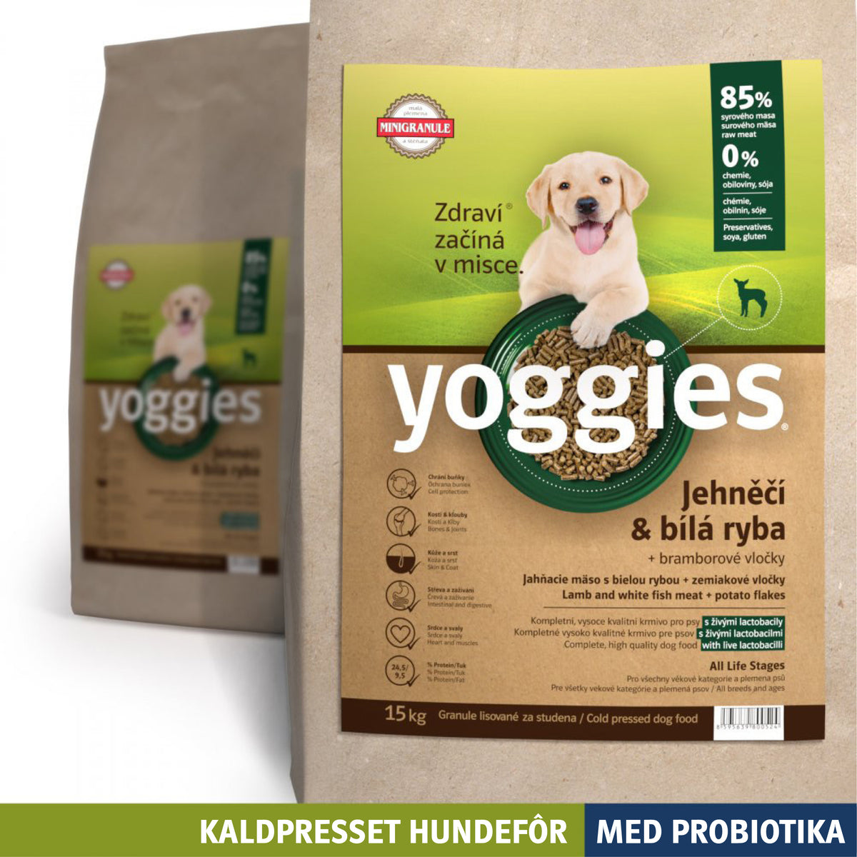 Yoggies kaldpresset hundefôr lam og hvit fisk MINI, 15 kg sekk