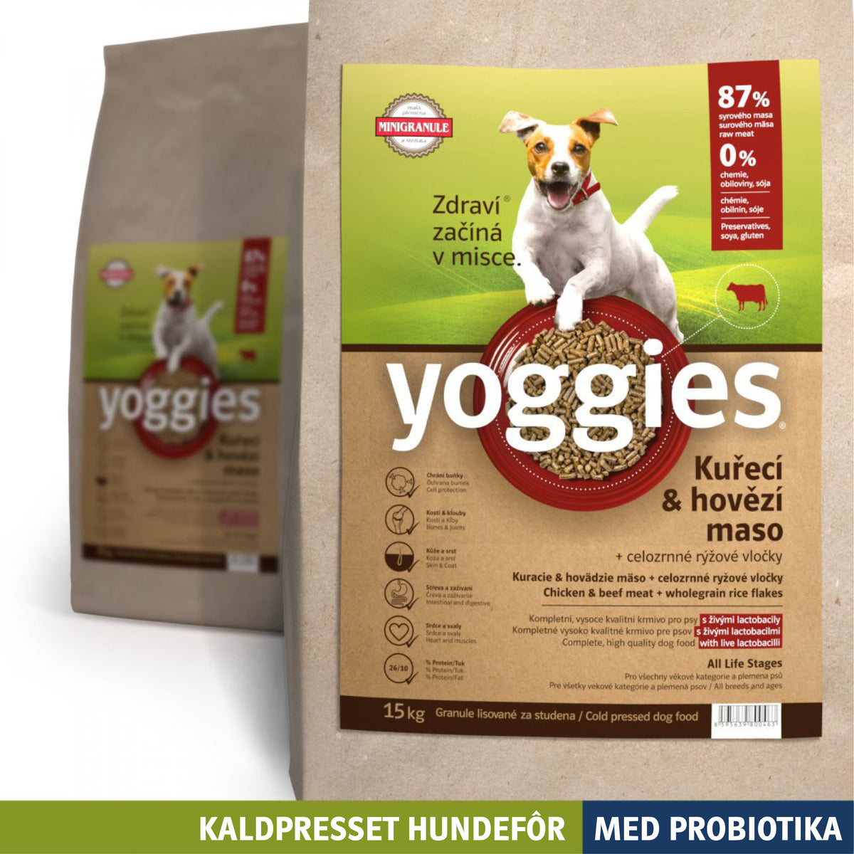 Yoggies kaldpresset hundefôr kylling og storfe MINI, 15 kg sekk
