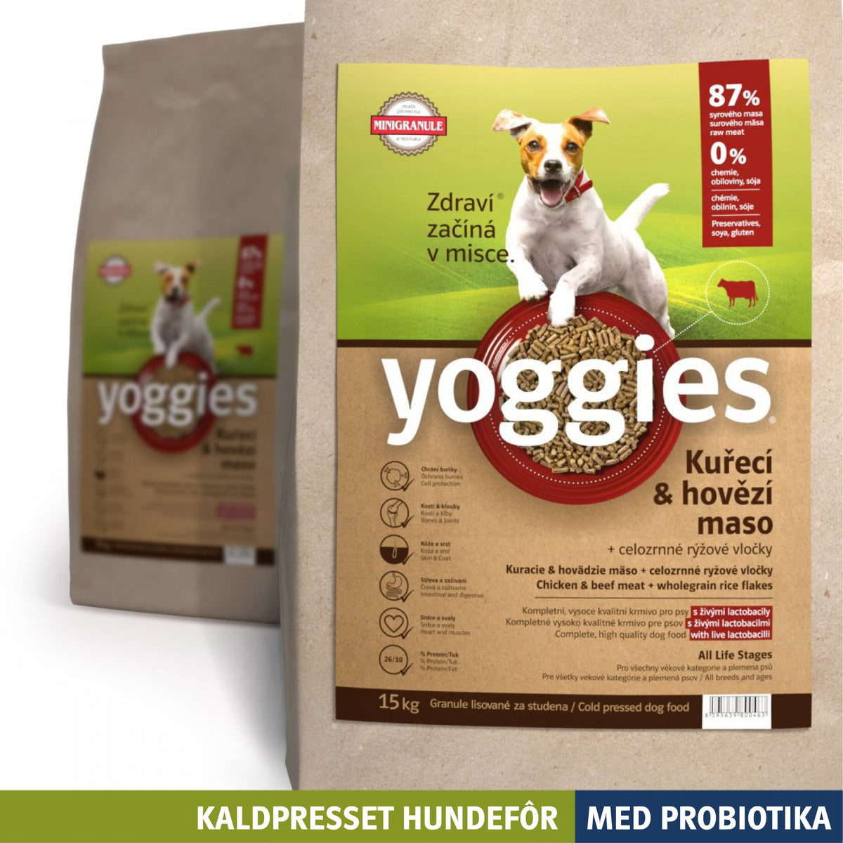 Yoggies kaldpresset hundefôr kylling og storfe MINI, 15 kg sekk