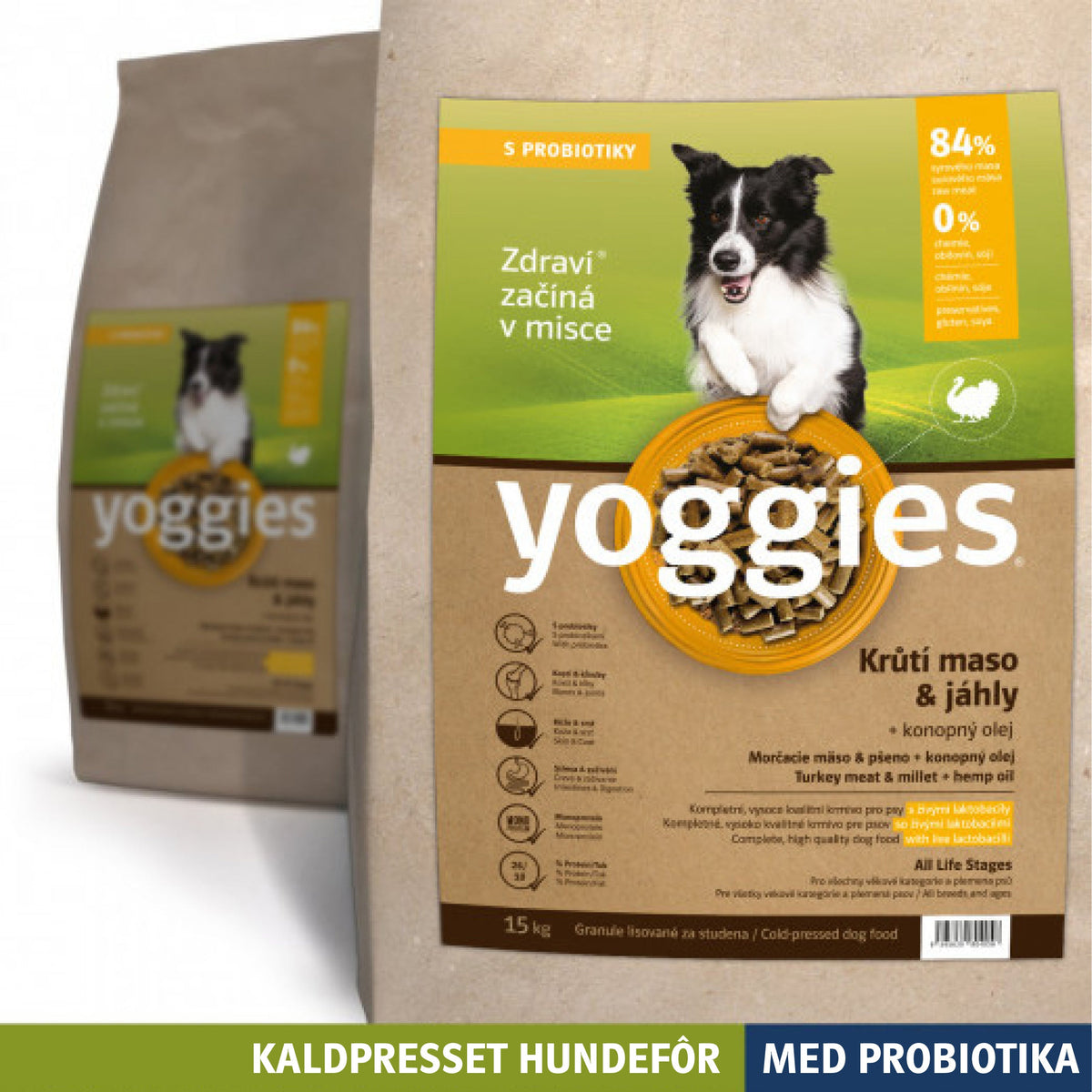 Yoggies kaldpresset hundefôr kalkun og hirse, 15 kg sekk