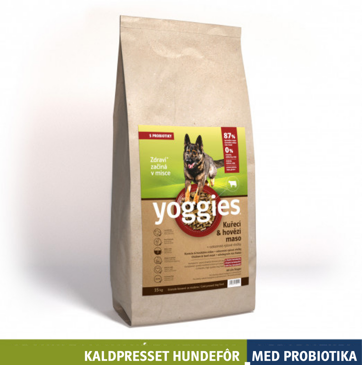 Yoggies kaldpresset hundefôr kylling og storfe, 15 kg sekk