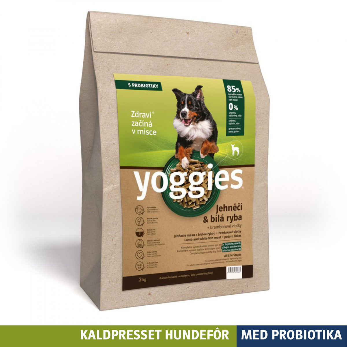 Yoggies kaldpresset hundefôr lam og hvit fisk, 2 kg sekk