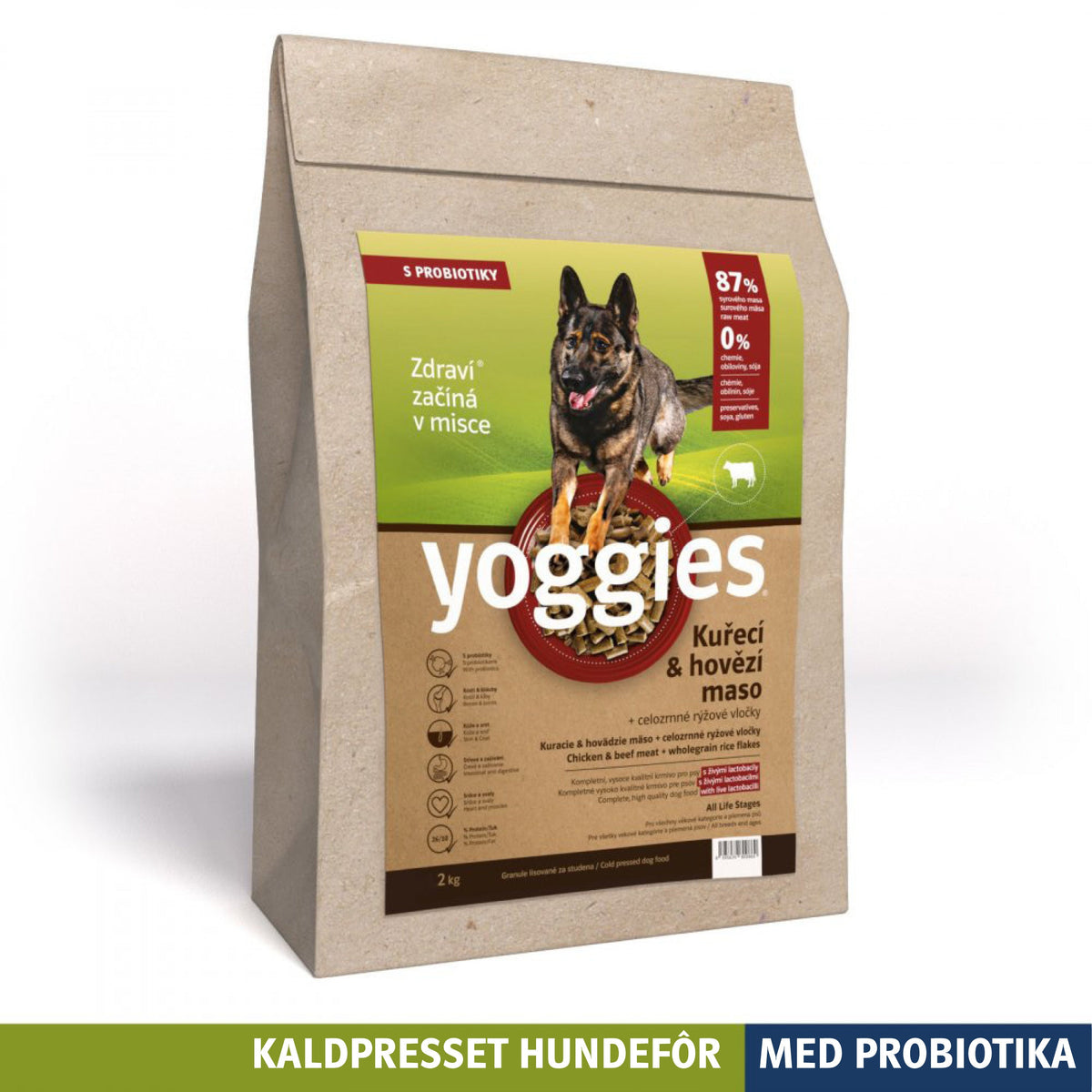 Yoggies kaldpresset hundefôr kylling og storfe, 2 kg sekk