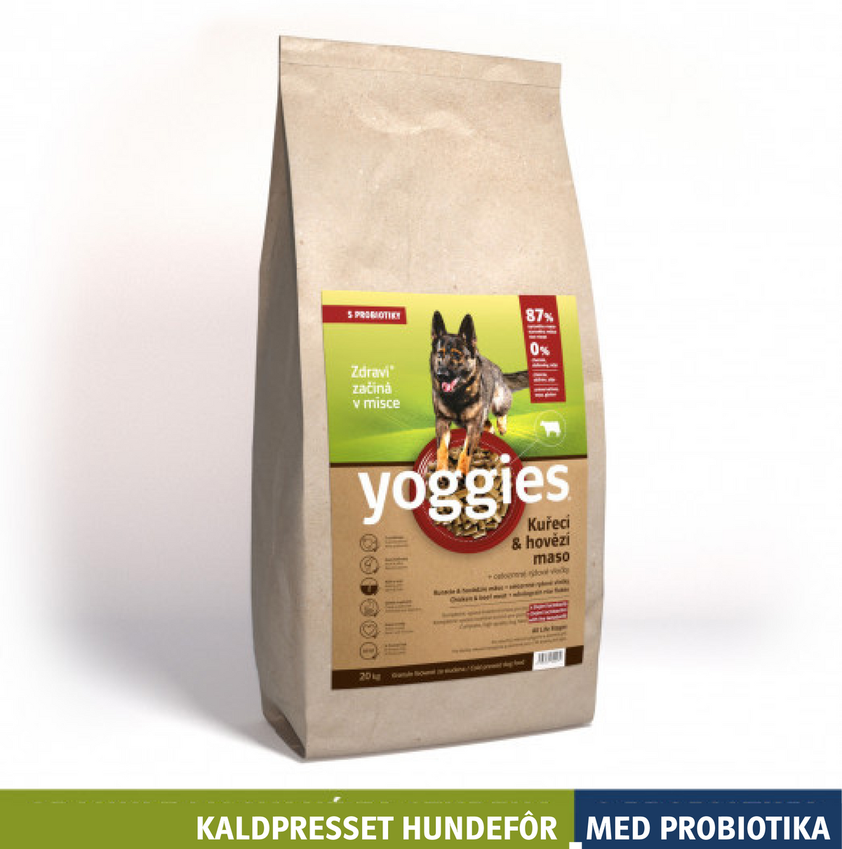 Yoggies kaldpresset hundefôr kylling og storfe, 20 kg sekk