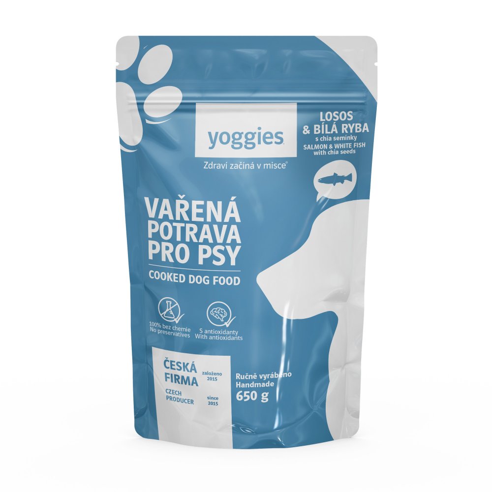 Yoggies kokt fullfôr til hund, laks og hvit fisk med chiafrø, 650 g