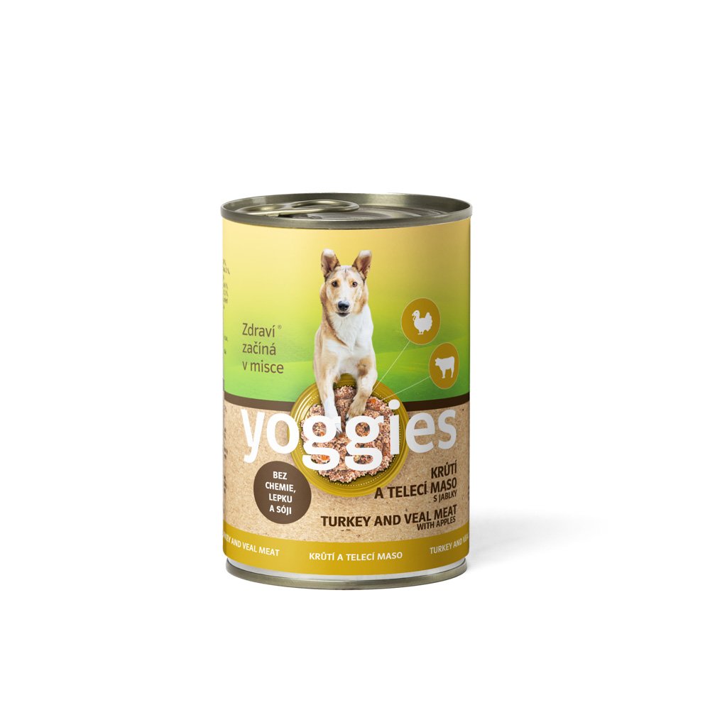 Yoggies våtfôr til hund kalkun og kalvekjøtt med epler, 400 g boks