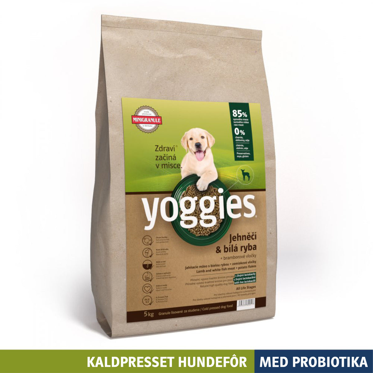 Yoggies kaldpresset hundefôr lam og hvit fisk MINI, 5 kg sekk