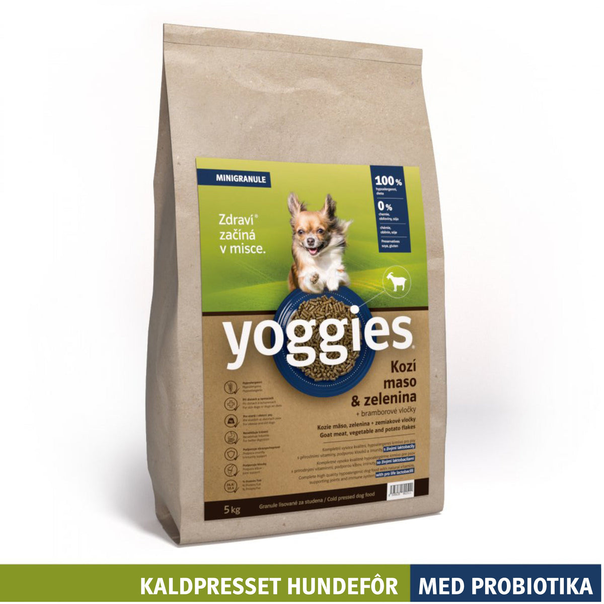 Yoggies hypoallergenisk kaldpresset hundefôr geit MINI, 5 kg sekk