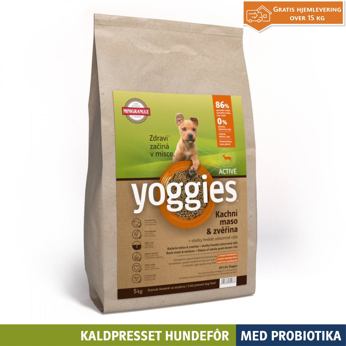 Yoggies kaldpresset hundefôr ACTIVE and og vilt MINI, 5 kg sekk