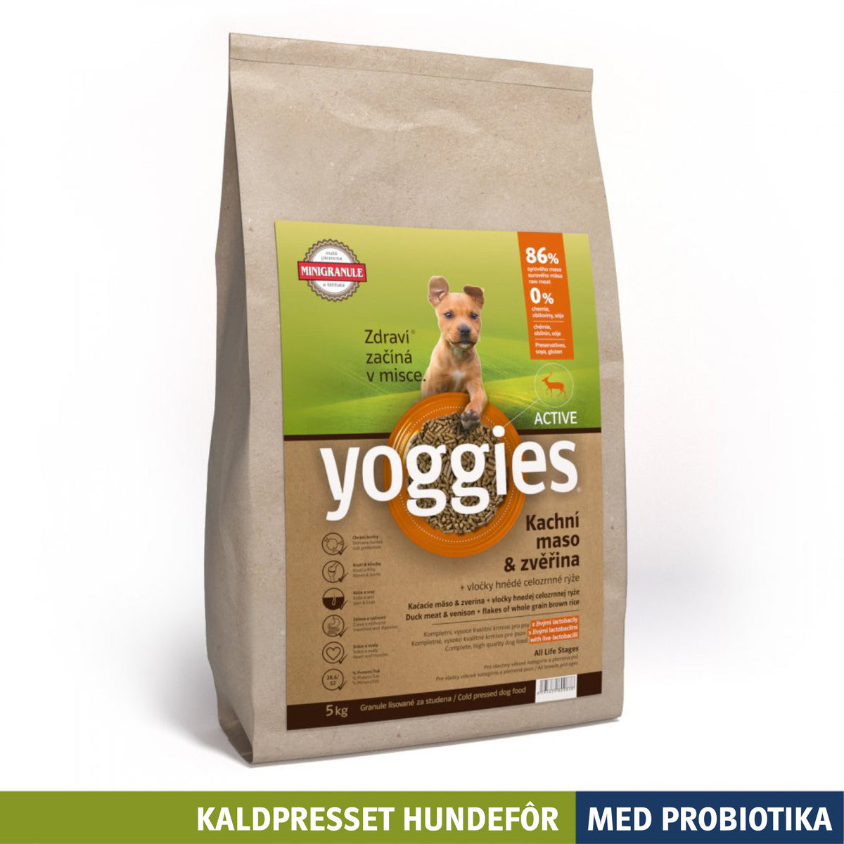 Yoggies kaldpresset hundefôr ACTIVE and og vilt MINI, 5 kg sekk