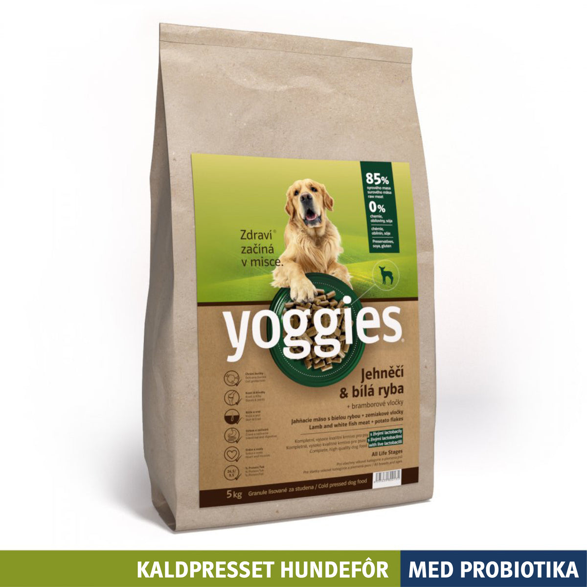 Yoggies kaldpresset hundefôr lam og hvit fisk, 5 kg sekk