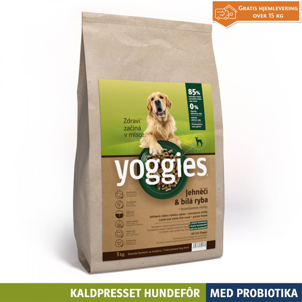 Yoggies kaldpresset hundefôr lam og hvit fisk, 5 kg sekk