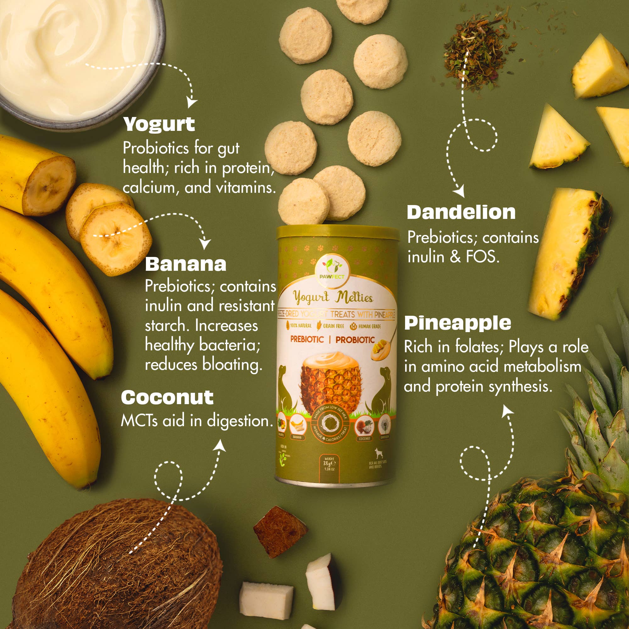 ANANAS & YOGHURT hundegodbiter med prebiotika og probiotika – Pawfect Yogurt Melties