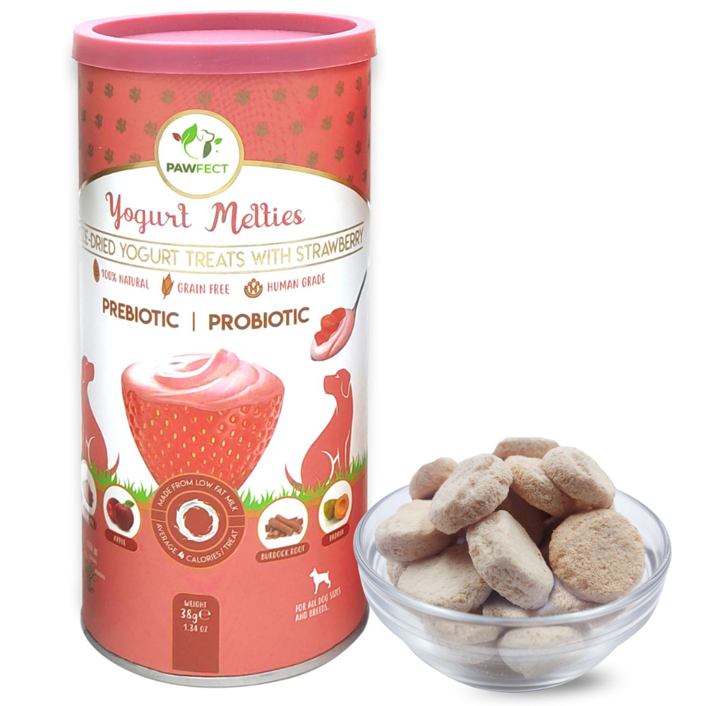 JORDBÆR & YOGHURT hundegodbiter med prebiotika og probiotika – Pawfect Yogurt Melties