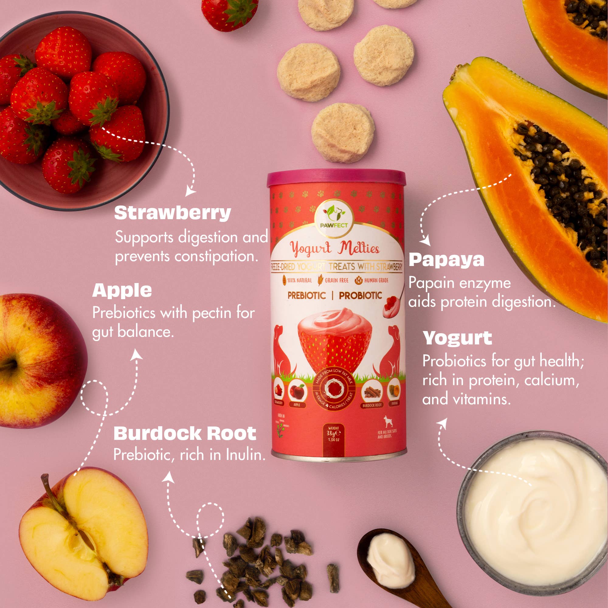 JORDBÆR & YOGHURT hundegodbiter med prebiotika og probiotika – Pawfect Yogurt Melties